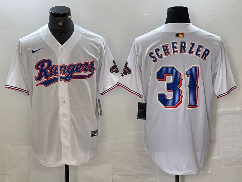 Men Texas Rangers 31 Scherzer White Champion Game Nike 2024 MLB Jersey style 1